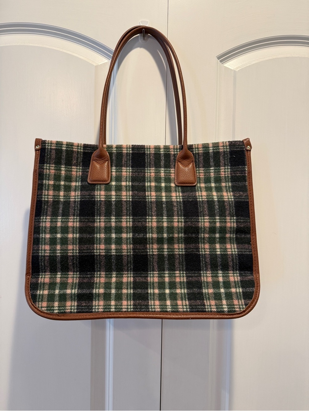 Time and Tru Green Black and Cream Plaid Tote with Brown Trim